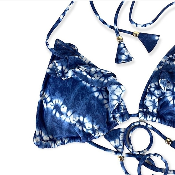 NWT Victoria's Secret Swim Blue Tie Dyed Ruffle The Teeny Triangle Bikini Top - Picture 3 of 11